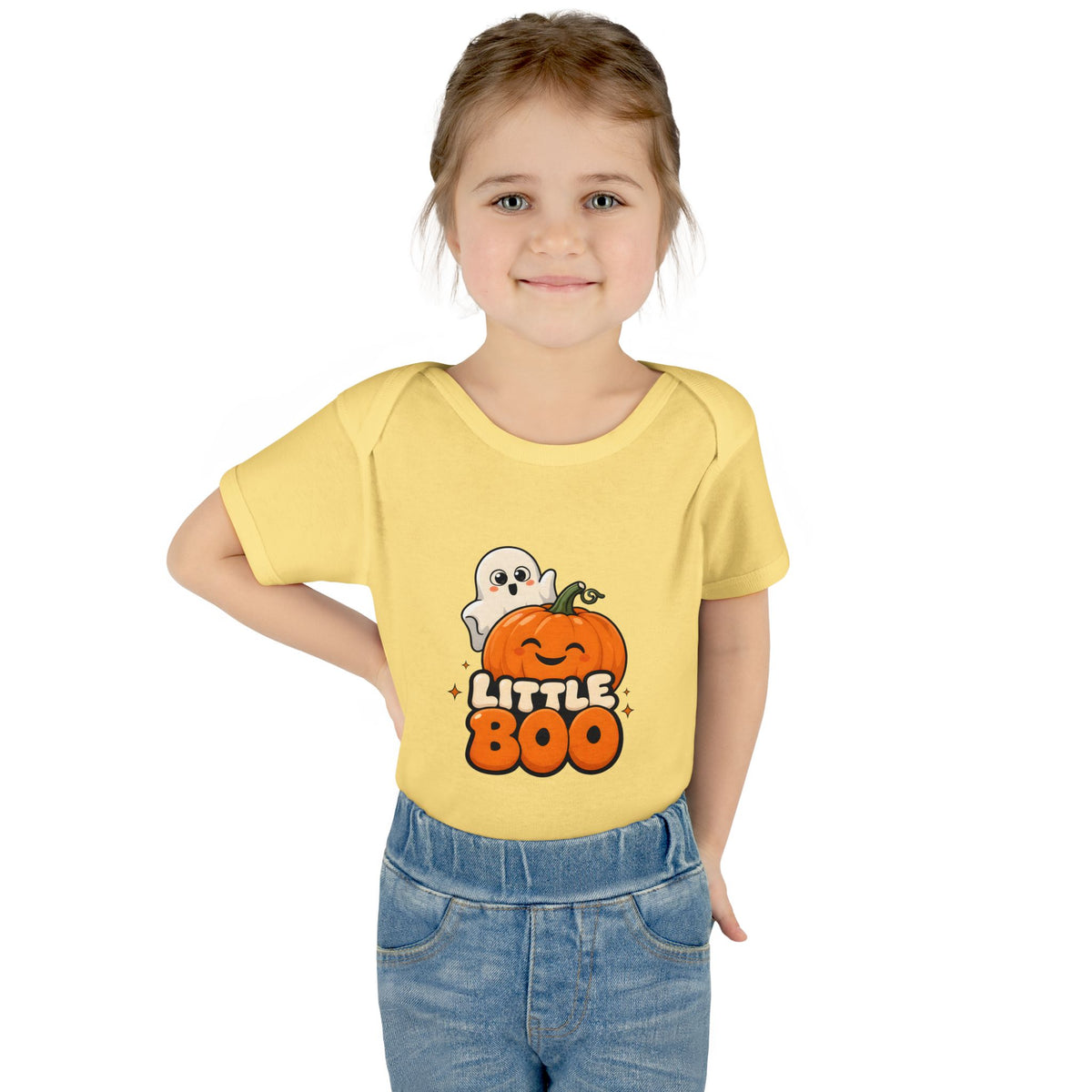 Toddler wearing the Little Boo Ghost and Pumpkin Baby Halloween Bodysuit in Banana