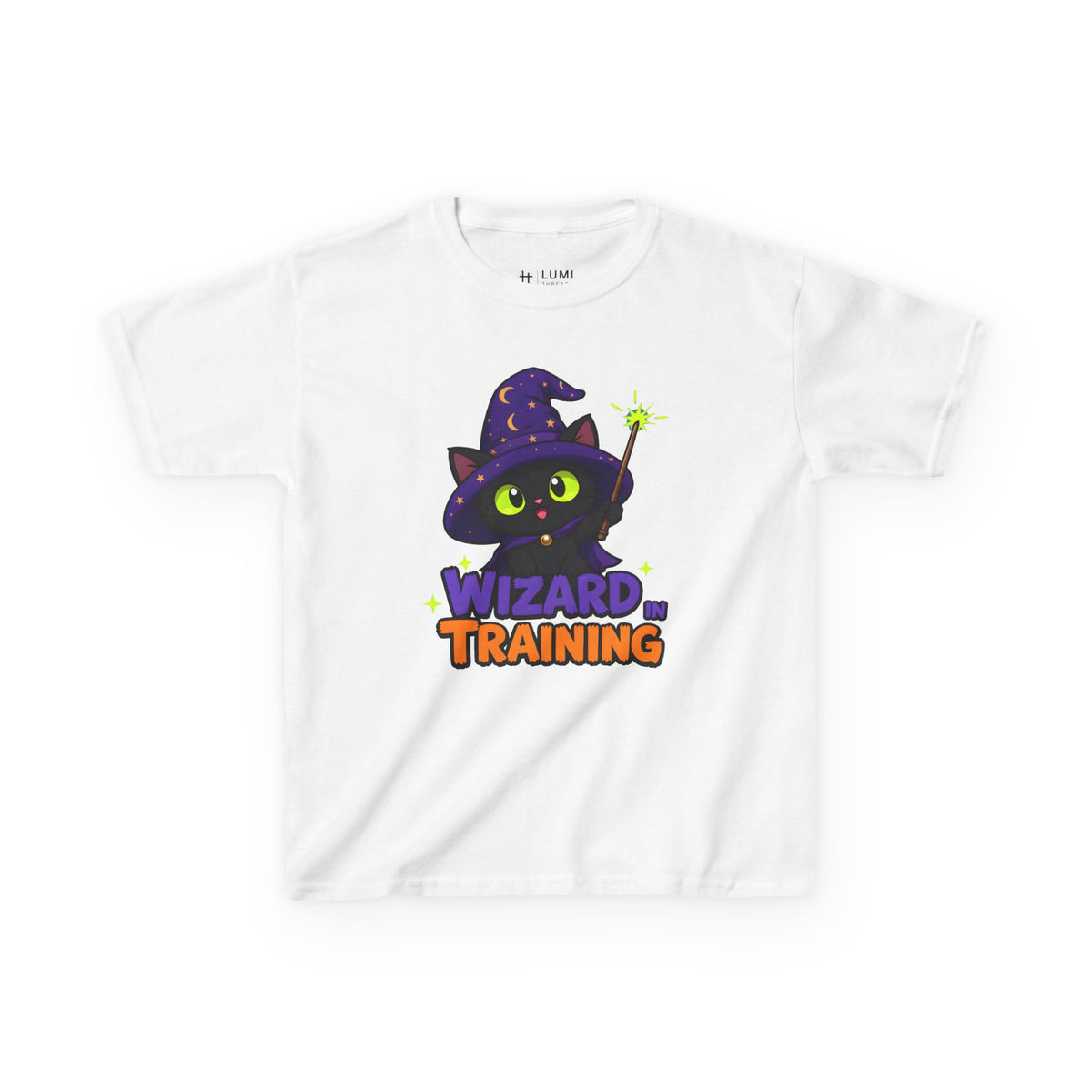 Wizard in Training Black Cat Kids Halloween T-Shirt in White, front