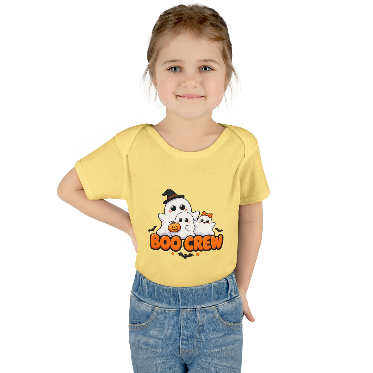 Toddler wearing the Boo Crew Cute Ghost Baby Halloween Bodysuit in Banana