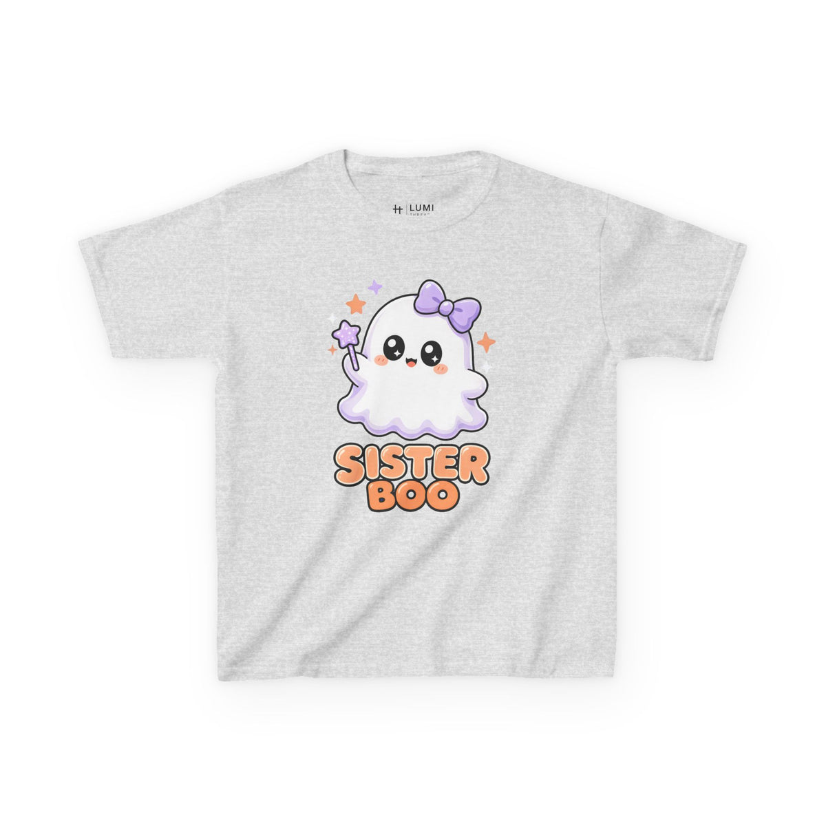 Sister Boo Cute Ghost Kids Halloween T-Shirt in Ash, front