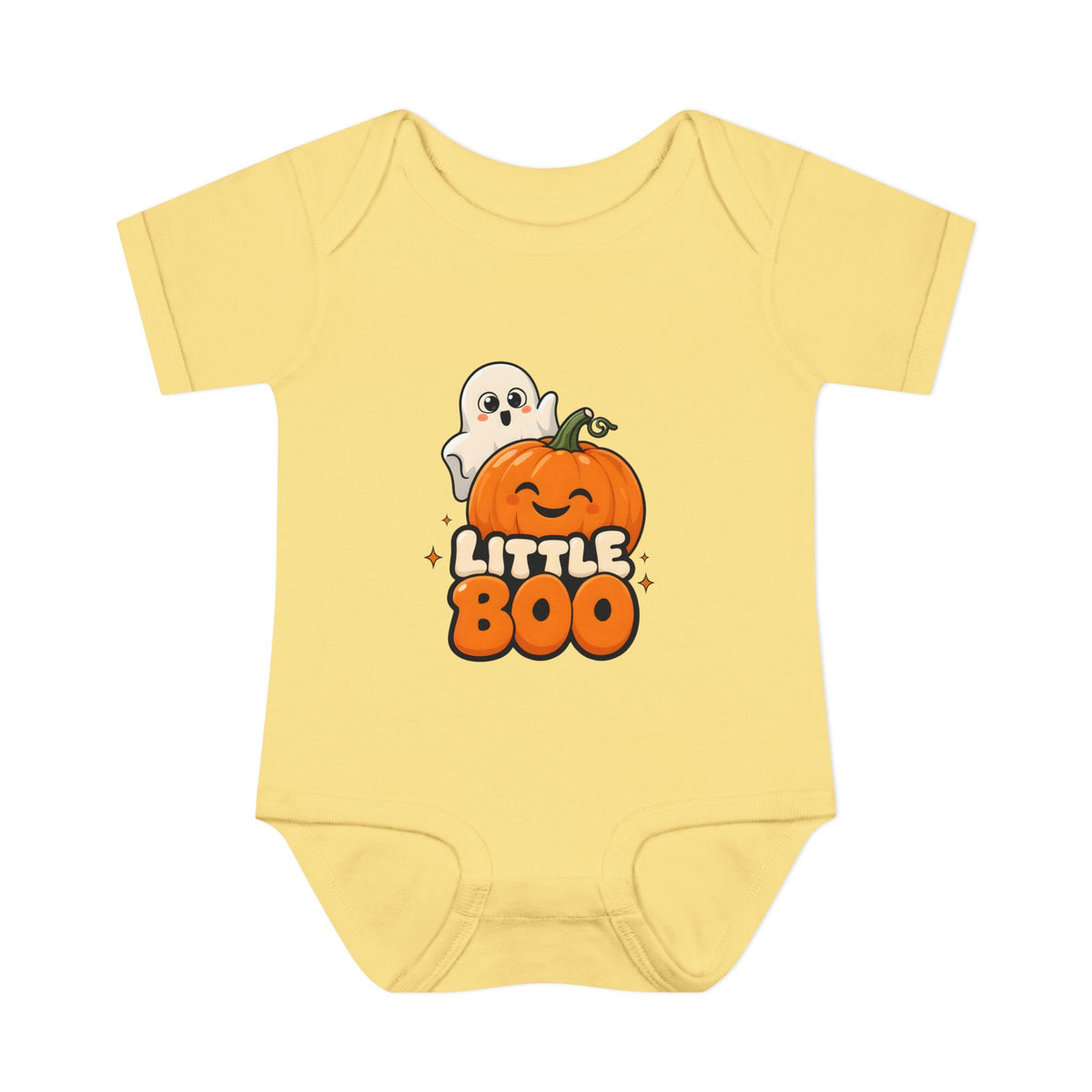 Little Boo Ghost and Pumpkin Baby Halloween Bodysuit in Banana, front