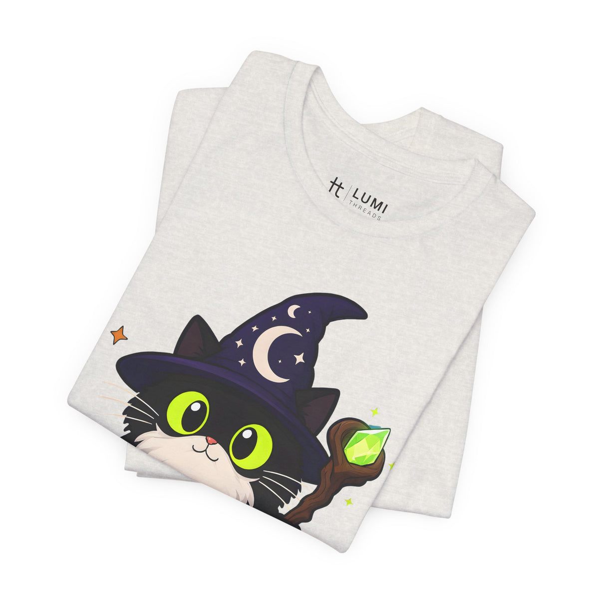 The Wizard Black Cat Halloween T-Shirt for Adults in Heather Cement, folded