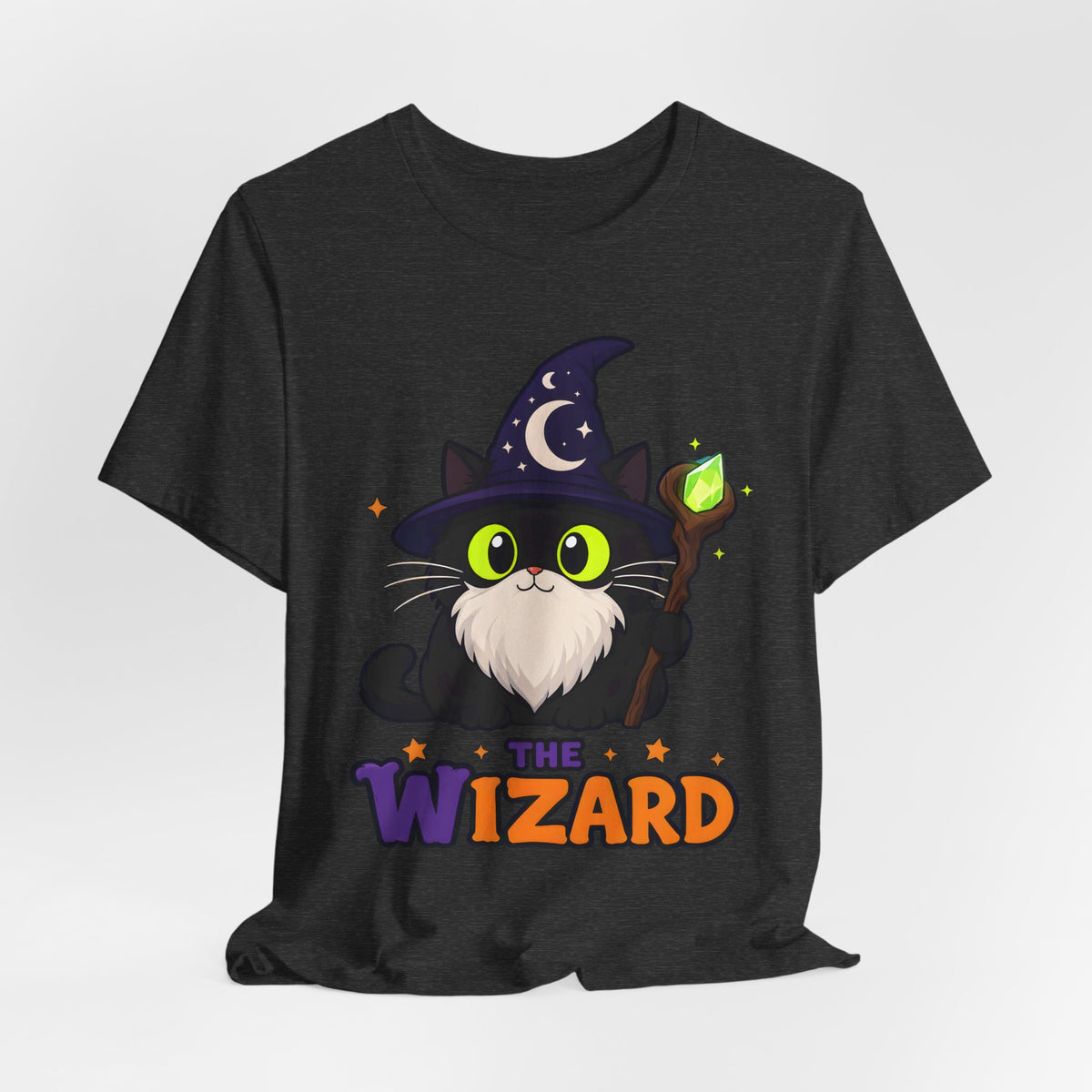 The Wizard Black Cat Halloween T-Shirt for Adults in Dark Grey Heather, front