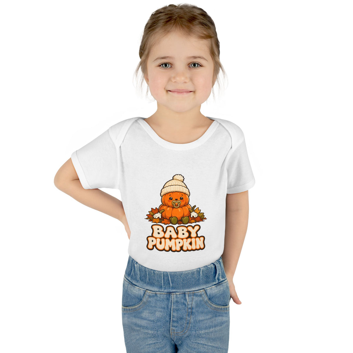 Toddler wearing the Baby Pumpkin First Halloween Baby Bodysuit in White