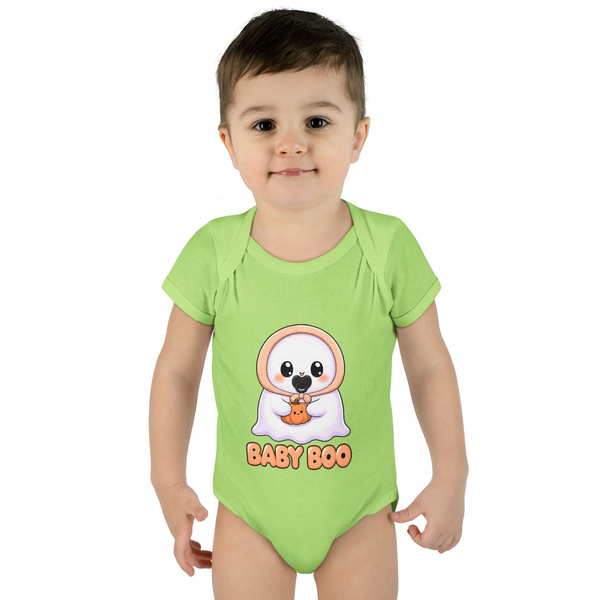 Toddler wearing the Baby Boo Cute Ghost Baby Halloween Bodysuit in Key Lime