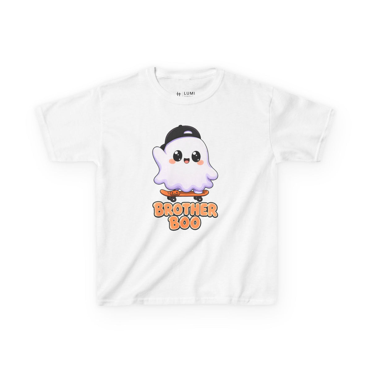 Brother Boo Skateboard Ghost Kids Halloween T-Shirt in White, front