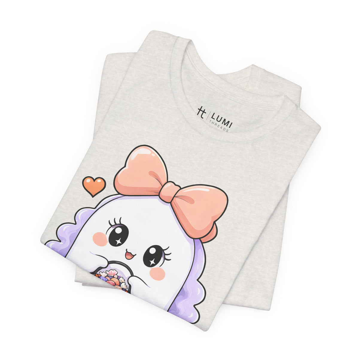 Mama Boo Cute Ghost Mom Halloween T-Shirt for Adults in Heather Cement, folded