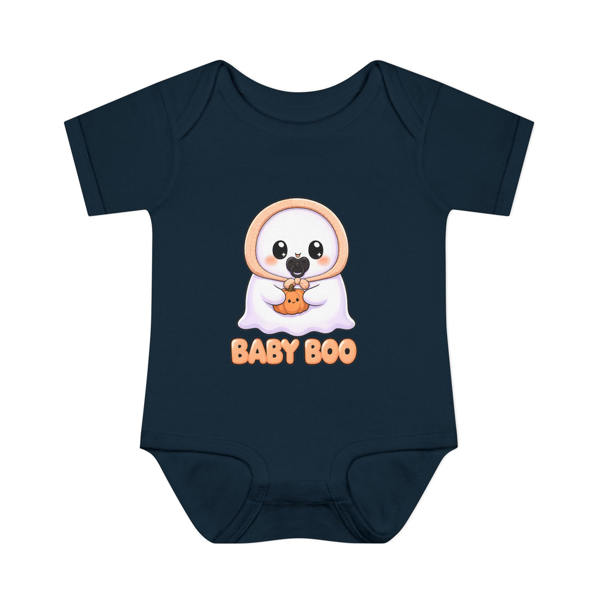 Baby Boo Cute Ghost Baby Halloween Bodysuit in Navy, front
