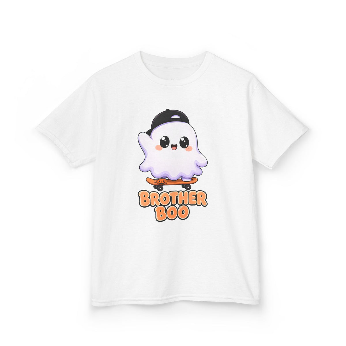 Brother Boo Skateboard Ghost Kids Halloween T-Shirt in White, front