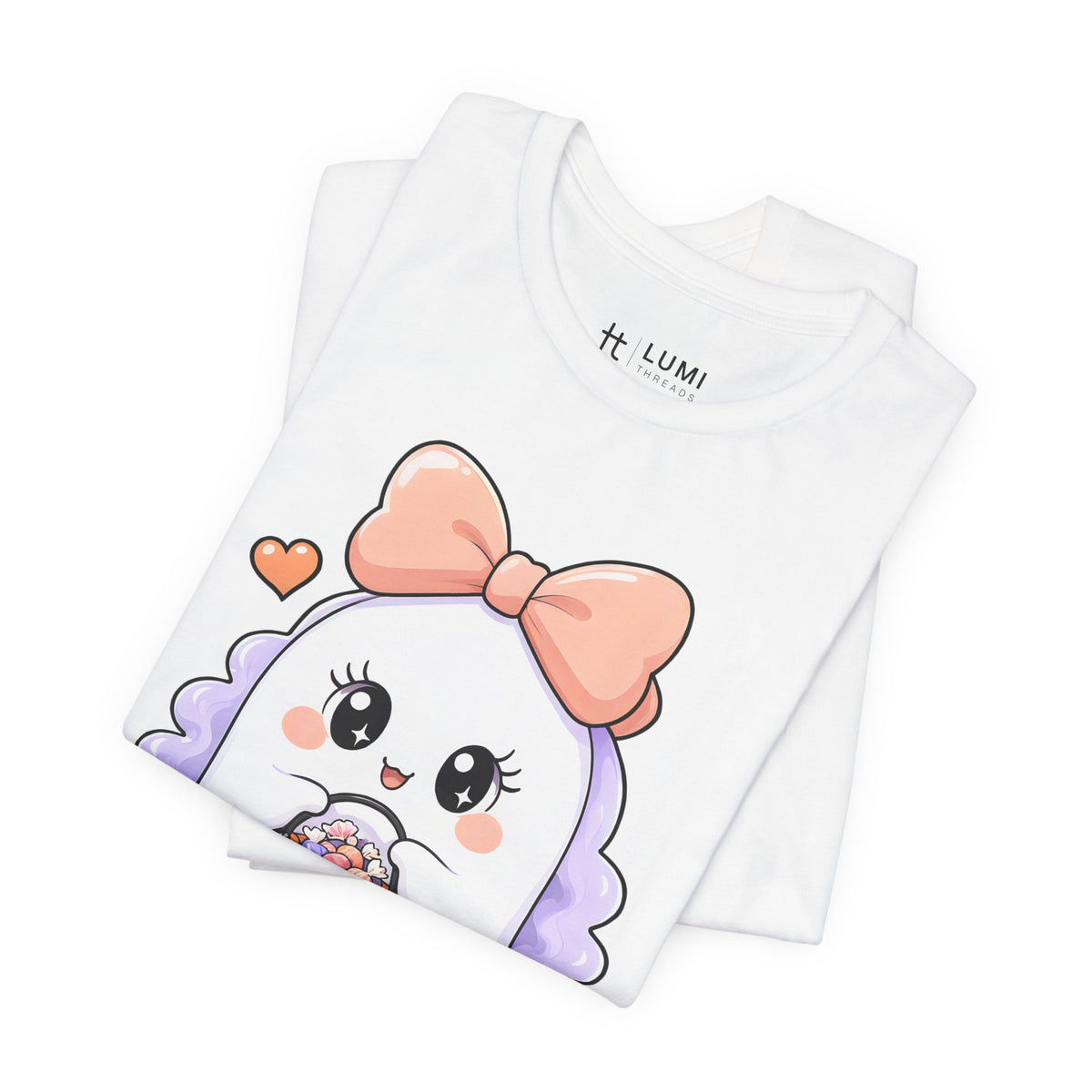 Mama Boo Cute Ghost Mom Halloween T-Shirt for Adults in White, folded