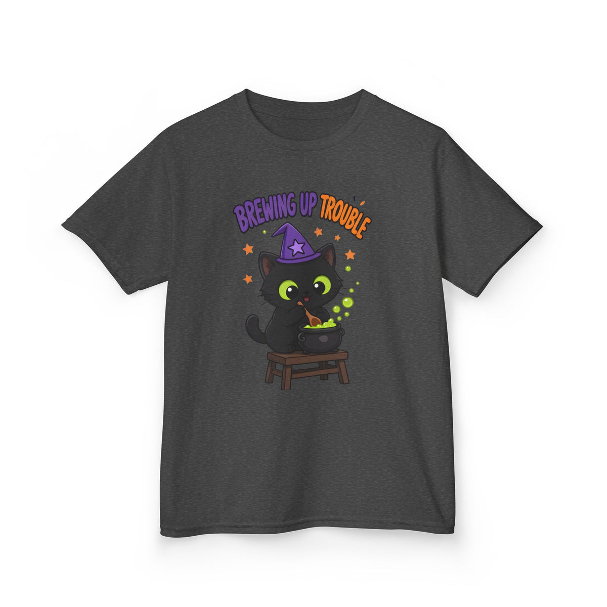 Brewing Up Trouble Black Cat Kids Halloween T-Shirt in Dark Heather, front