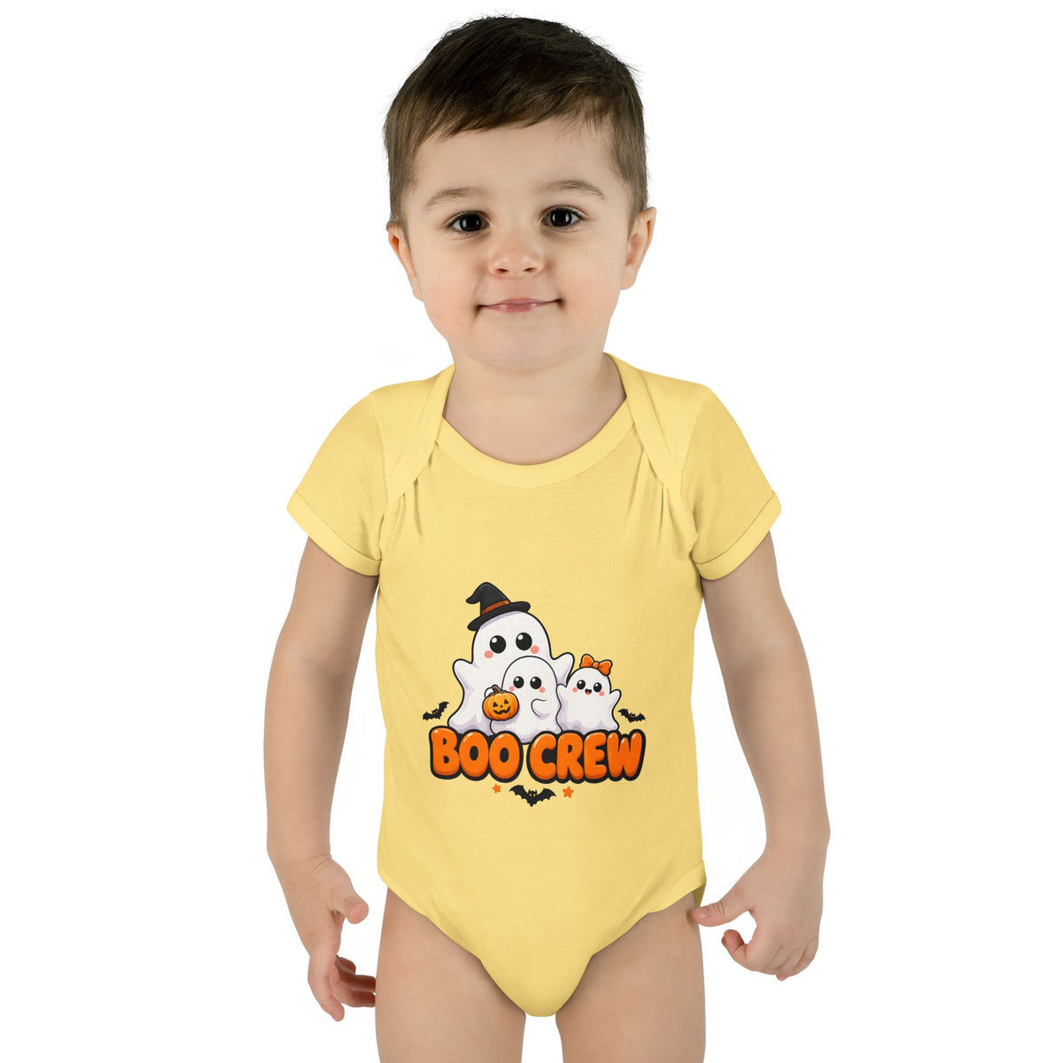 Toddler wearing the Boo Crew Cute Ghost Baby Halloween Bodysuit in Banana