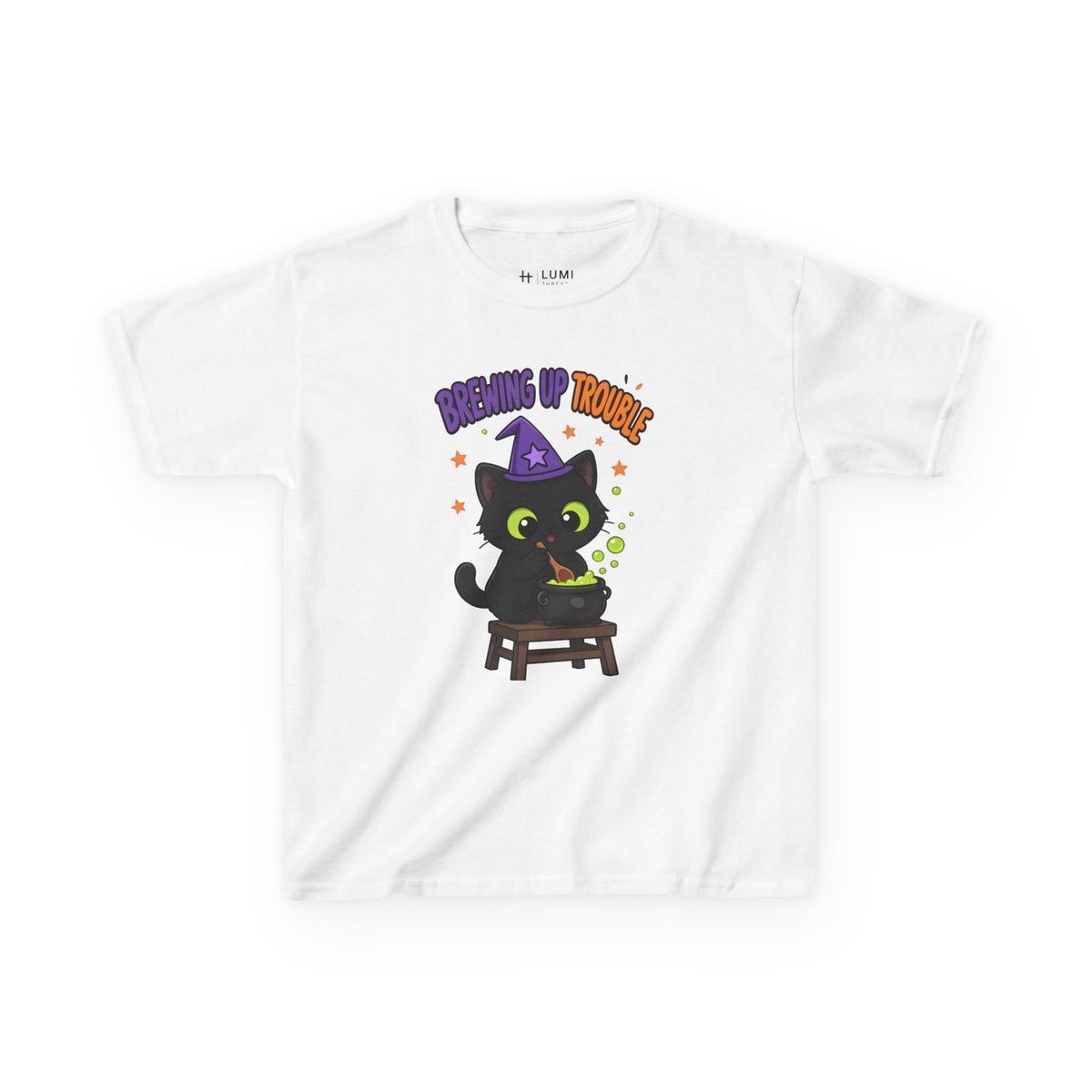 Brewing Up Trouble Black Cat Kids Halloween T-Shirt in White, front