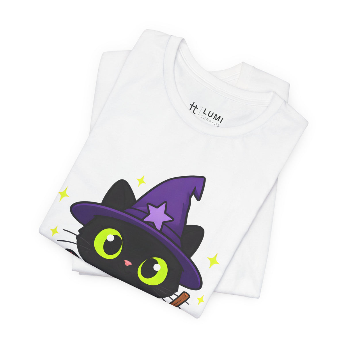 Head Witch Black Cat Halloween T-Shirt for Adults in White, folded