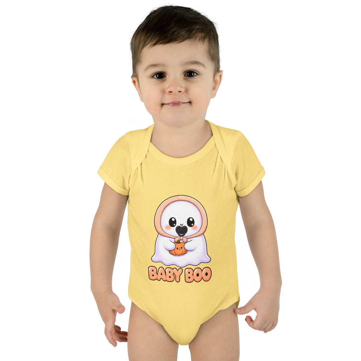 Toddler wearing the Baby Boo Cute Ghost Baby Halloween Bodysuit in Banana