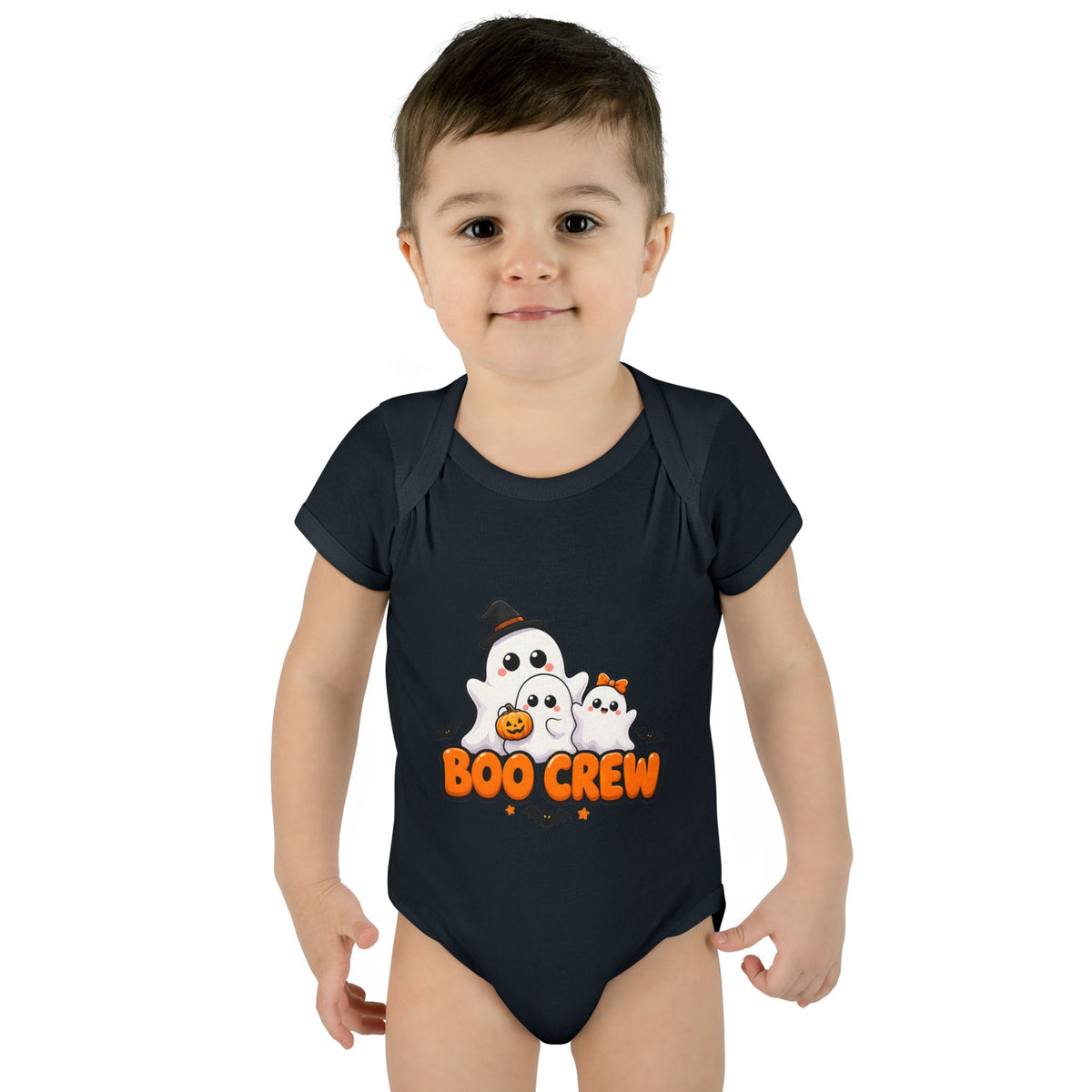 Toddler wearing the Boo Crew Cute Ghost Baby Halloween Bodysuit in Black