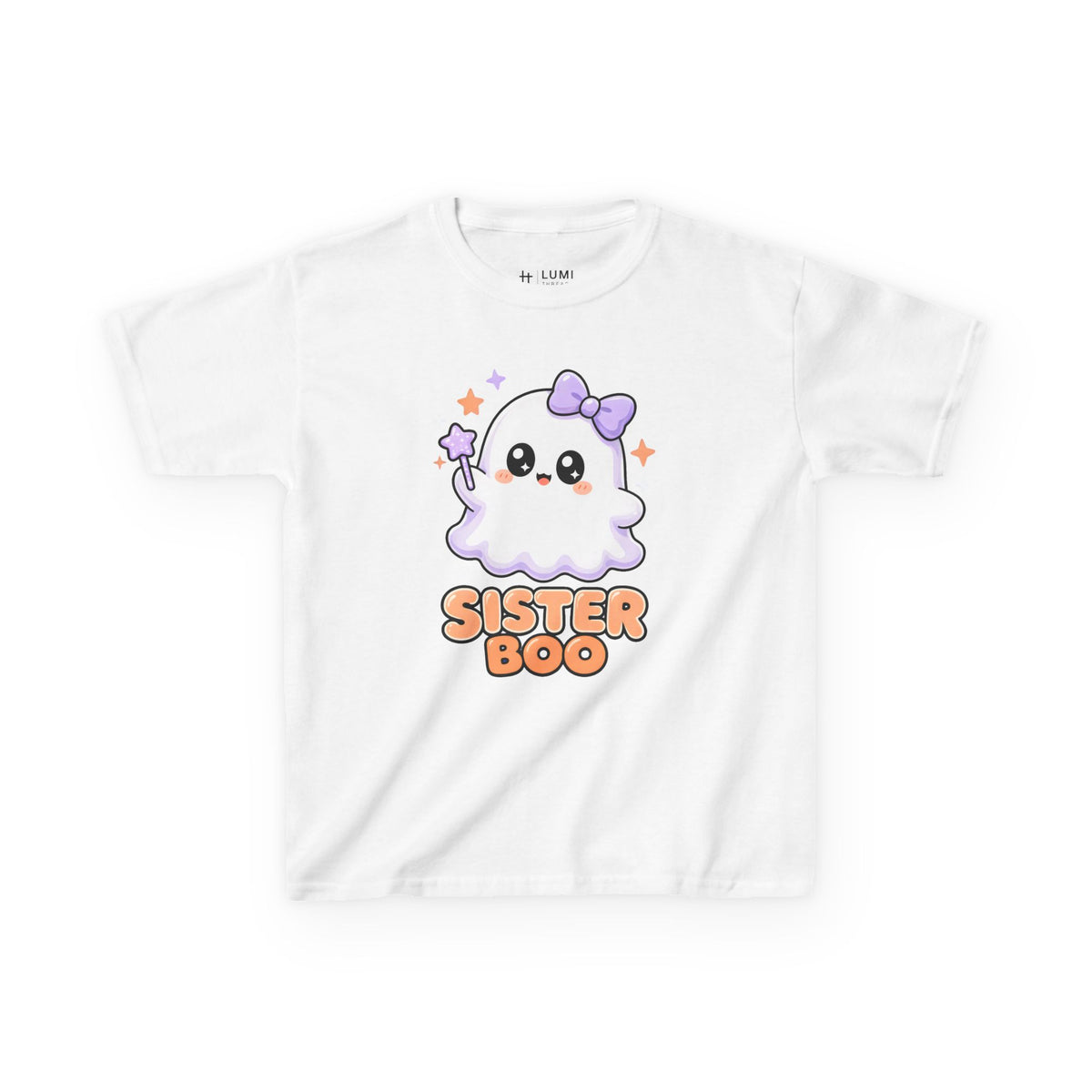 Sister Boo Cute Ghost Kids Halloween T-Shirt in White, front