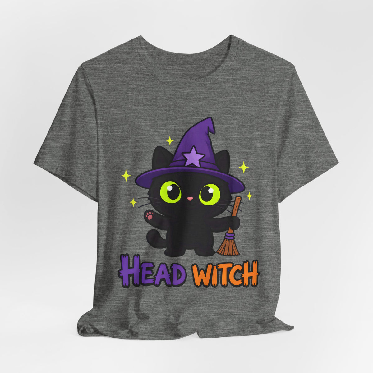 Head Witch Black Cat Halloween T-Shirt for Adults in Deep Heather, front