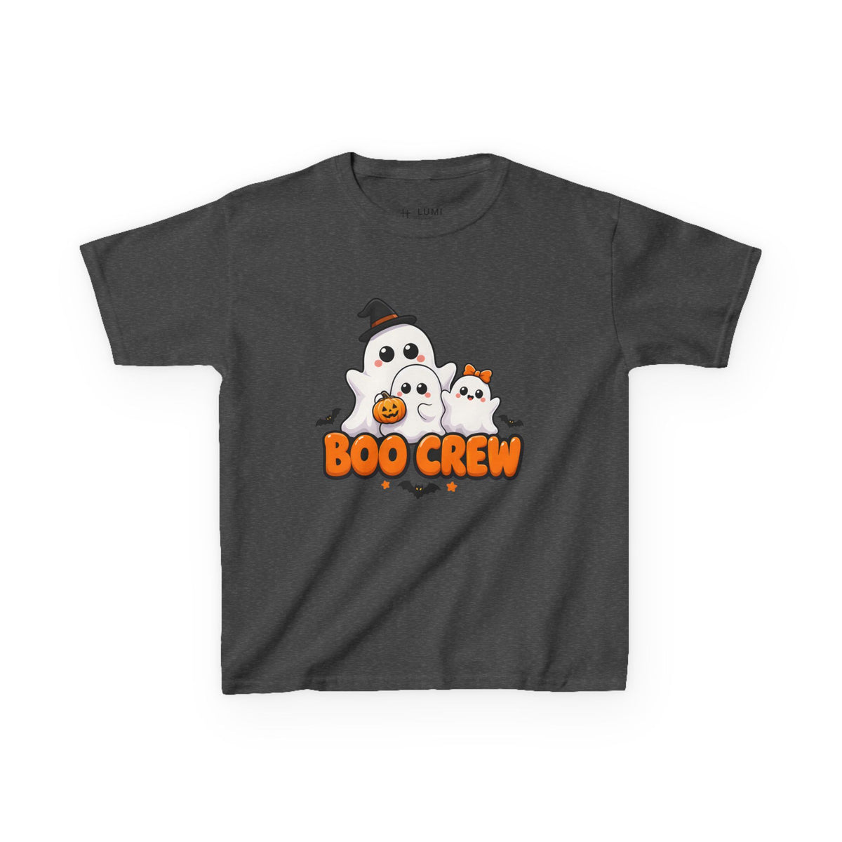 Boo Crew Cute Ghost Kids Halloween T-Shirt in Dark Heather, front