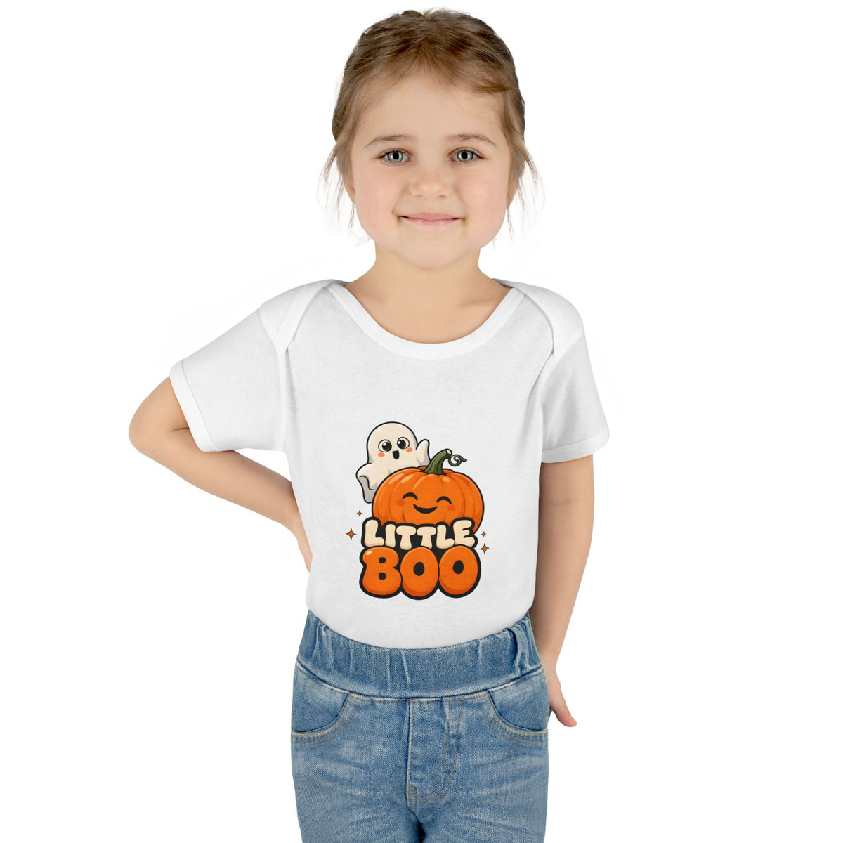 Toddler wearing the Little Boo Ghost and Pumpkin Baby Halloween Bodysuit in White