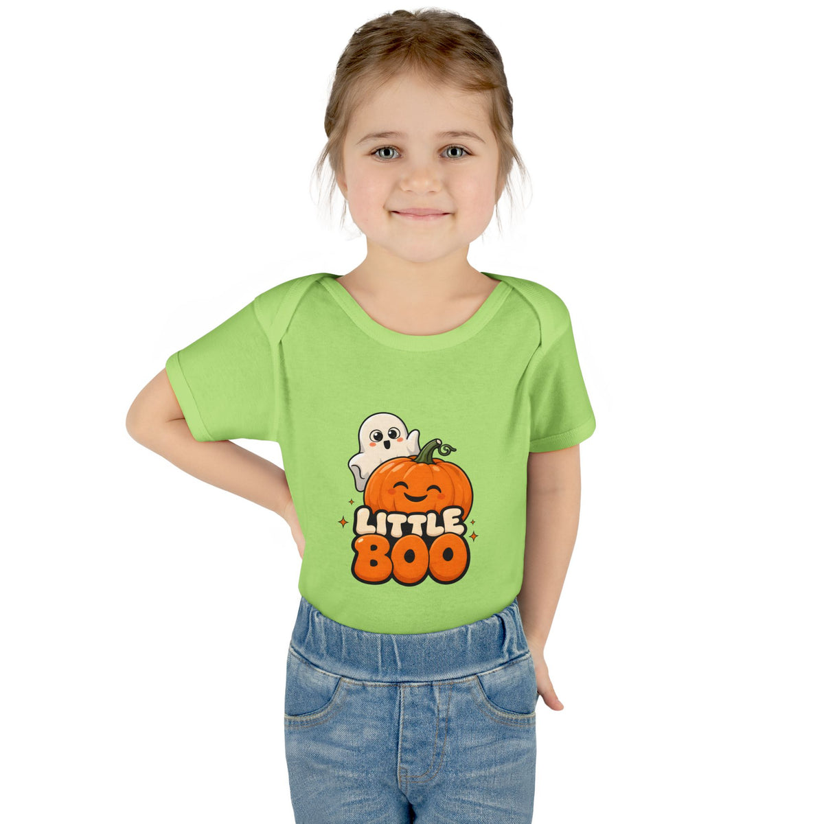 Toddler wearing the Little Boo Ghost and Pumpkin Baby Halloween Bodysuit in Key Lime