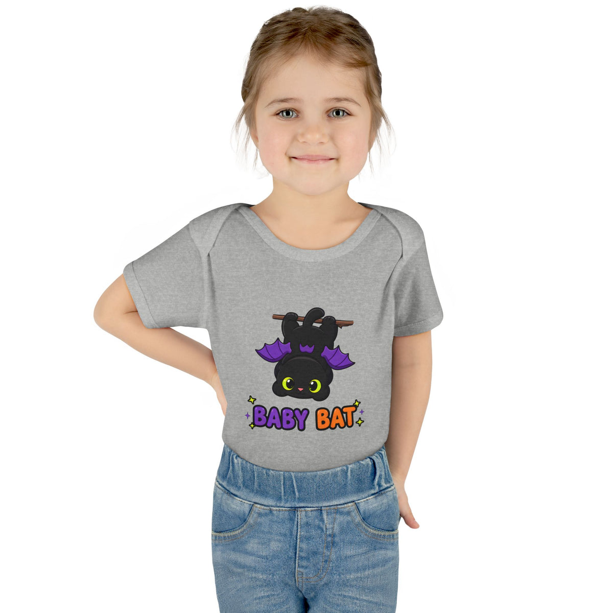 Toddler wearing the Baby Bat Black Cat Baby Halloween Bodysuit in Heather