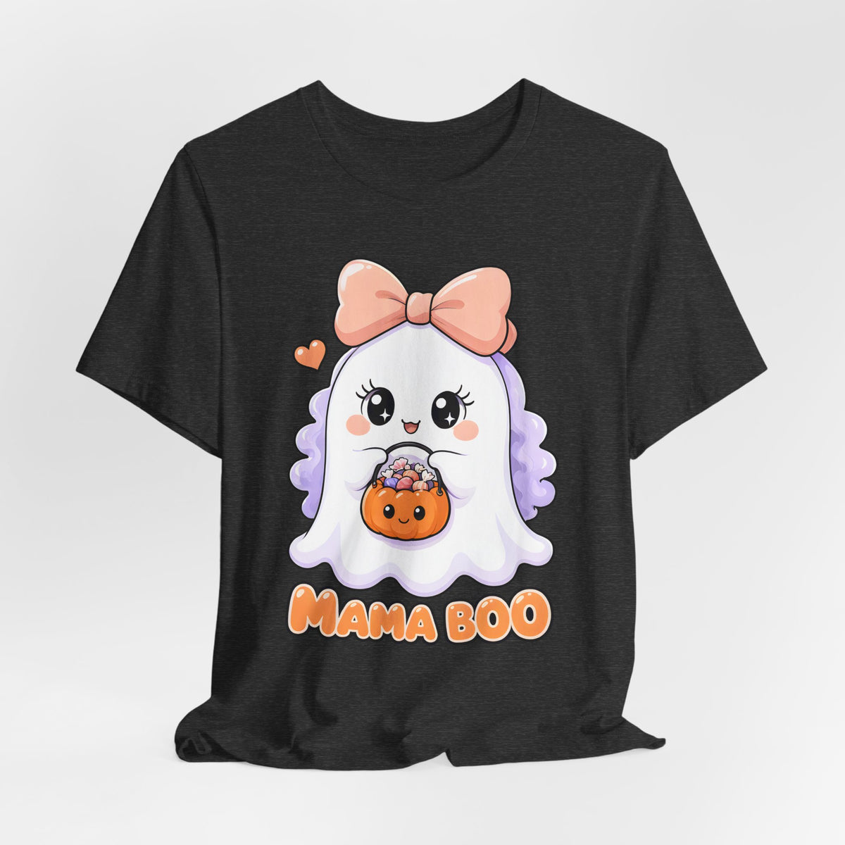 Mama Boo Cute Ghost Mom Halloween T-Shirt for Adults in Dark Grey Heather, front