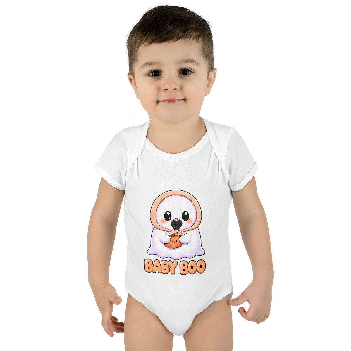 Toddler wearing the Baby Boo Cute Ghost Baby Halloween Bodysuit in White