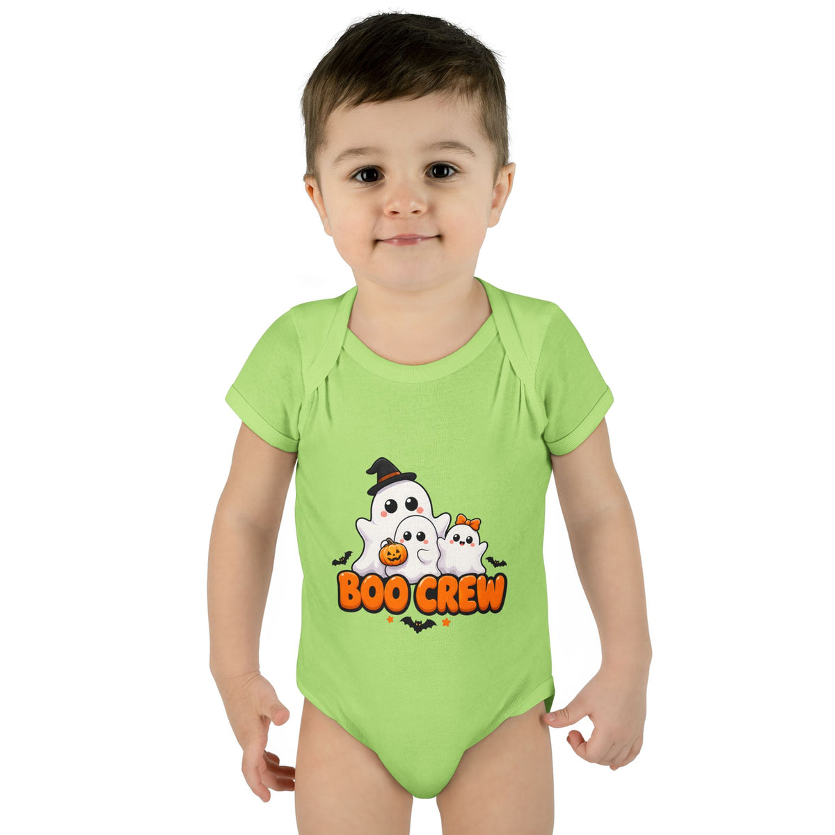 Toddler wearing the Boo Crew Cute Ghost Baby Halloween Bodysuit in Key Lime