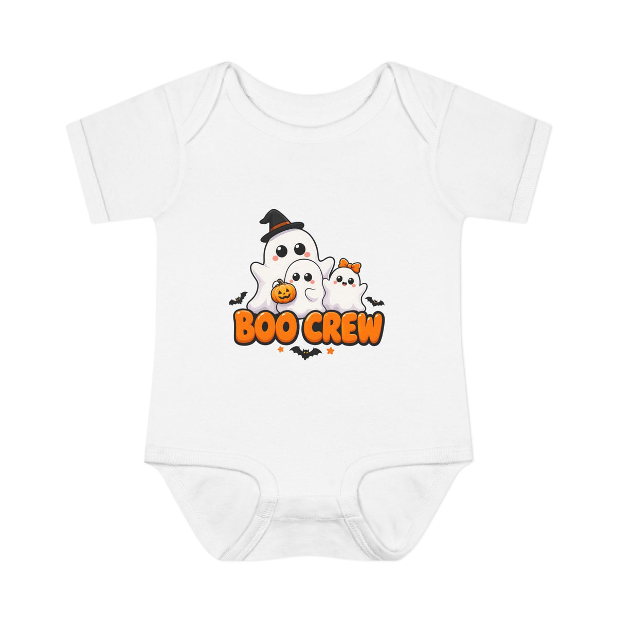Boo Crew Cute Ghost Baby Halloween Bodysuit in White, front