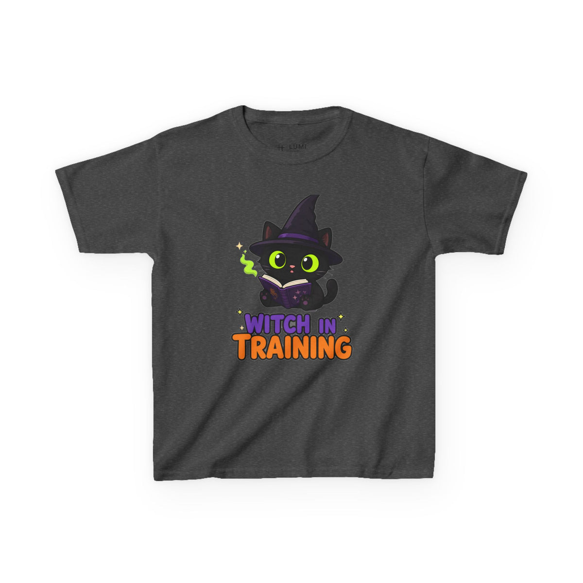 Witch in Training Black Cat Kids Halloween T-Shirt in Dark Heather, front