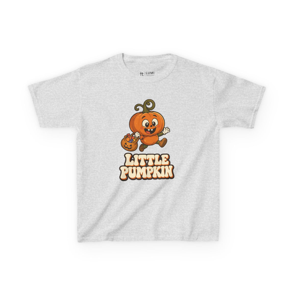 Little Pumpkin Trick-or-Treat Kids Halloween T-Shirt in Ash, front