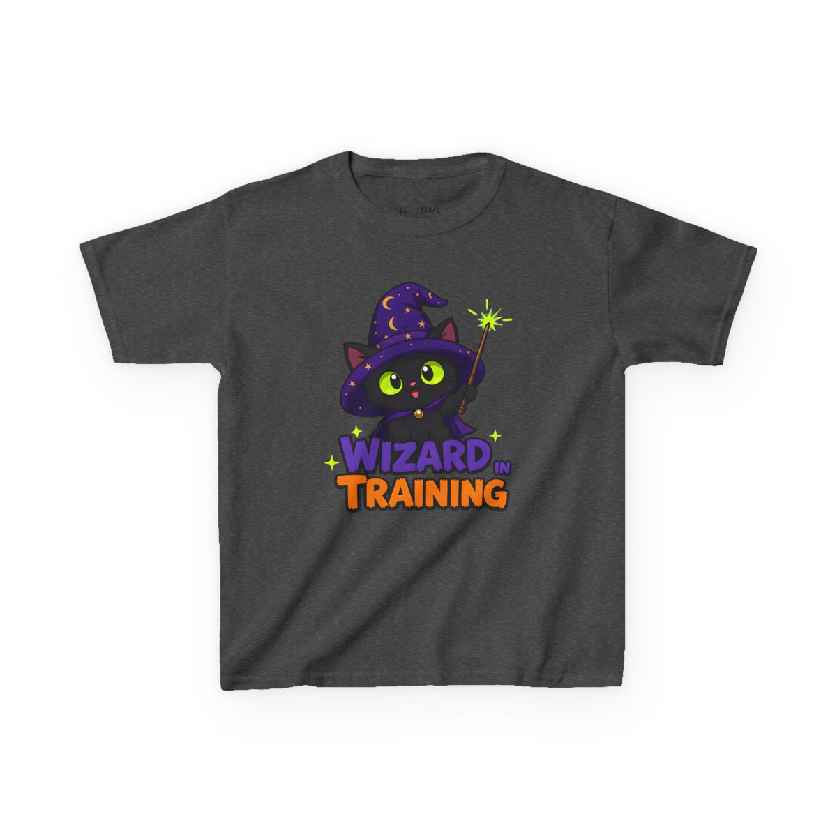 Wizard in Training Black Cat Kids Halloween T-Shirt in Dark Heather, front