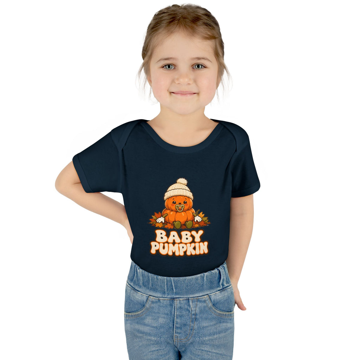 Toddler wearing the Baby Pumpkin First Halloween Baby Bodysuit in Navy