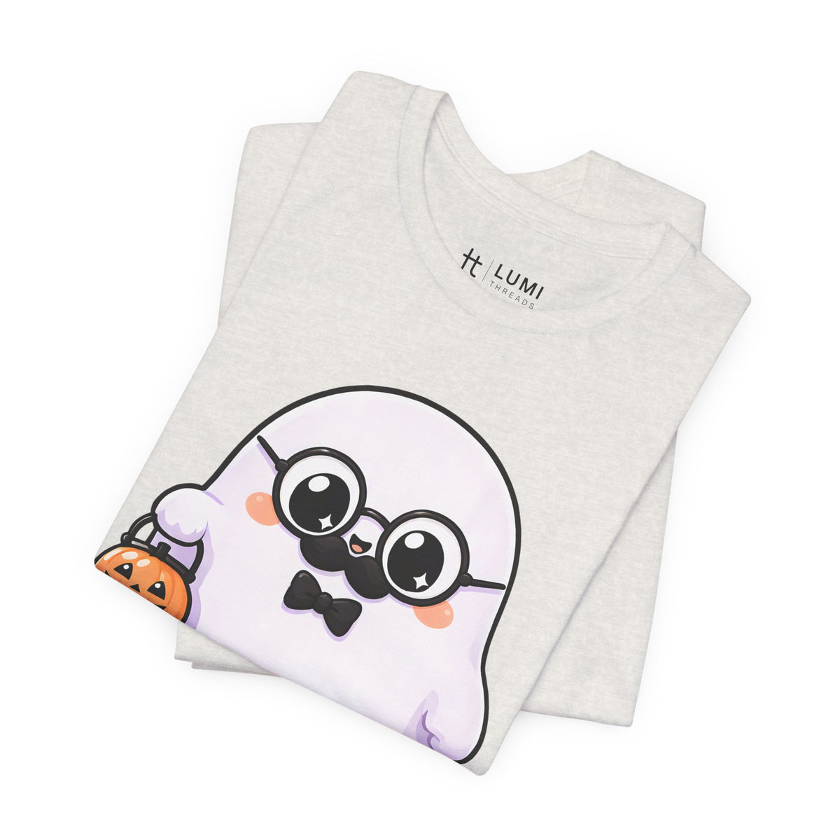 Papa Boo Cute Ghost Dad Halloween T-Shirt for Adults in Heather Cement, folded