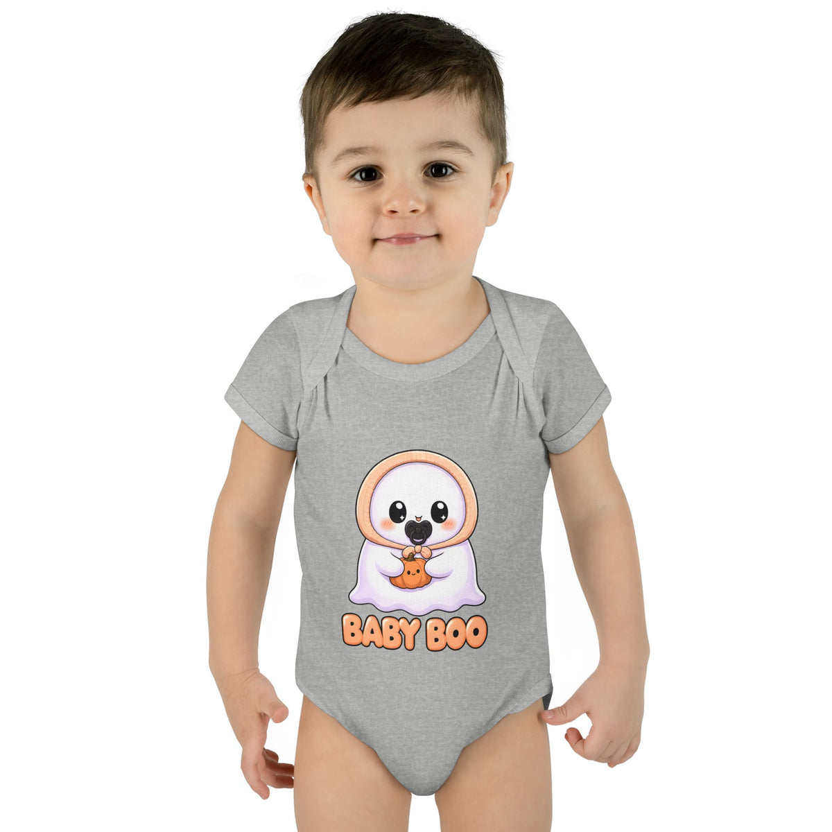 Toddler wearing the Baby Boo Cute Ghost Baby Halloween Bodysuit in Heather