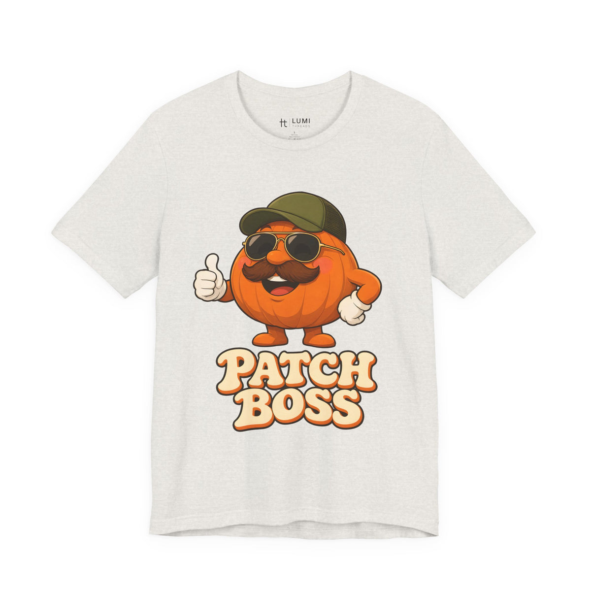 Patch Boss Funny Pumpkin Dad Halloween T-Shirt for Adults in Heather Cement, front
