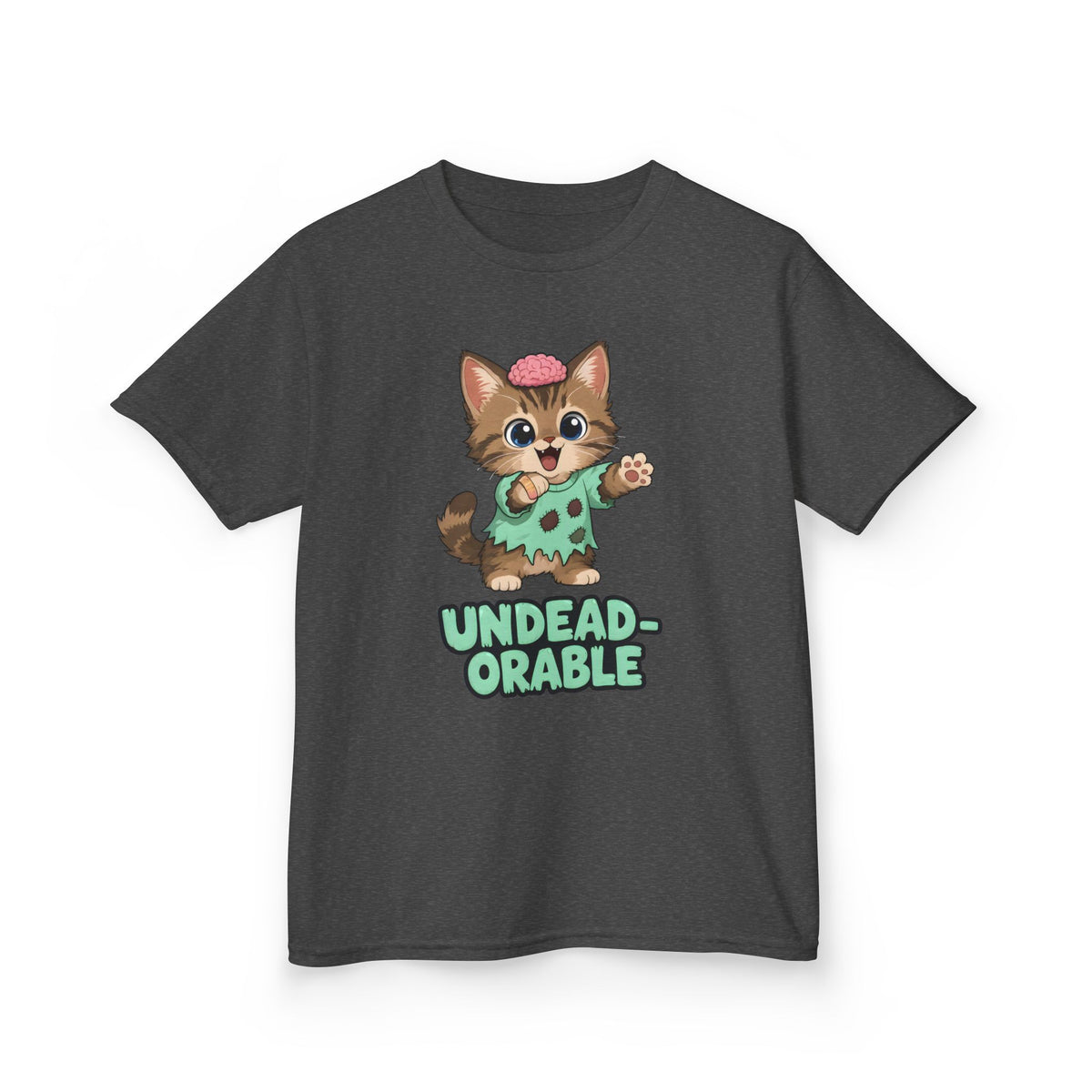 Undead-orable Zombie Kitten Kids Halloween T-Shirt in Dark Heather, front