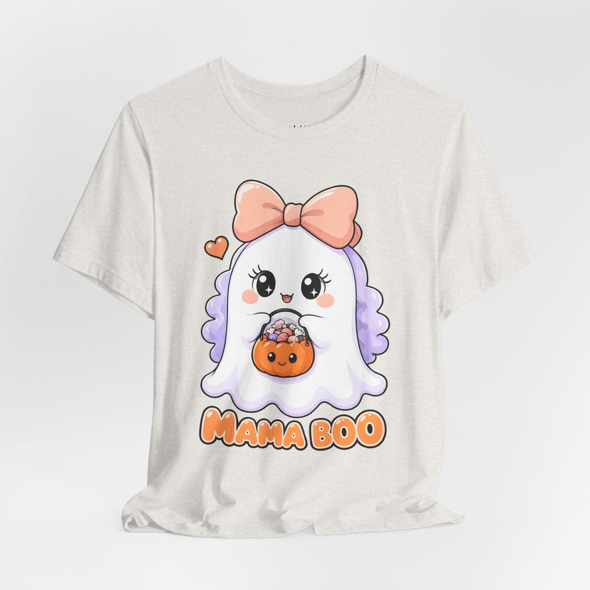 Mama Boo Cute Ghost Mom Halloween T-Shirt for Adults in Heather Cement, front