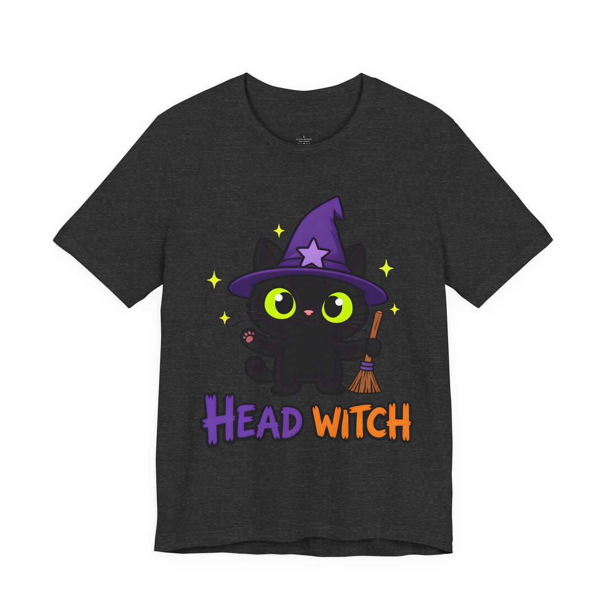 Head Witch Black Cat Halloween T-Shirt for Adults in Dark Grey Heather, front