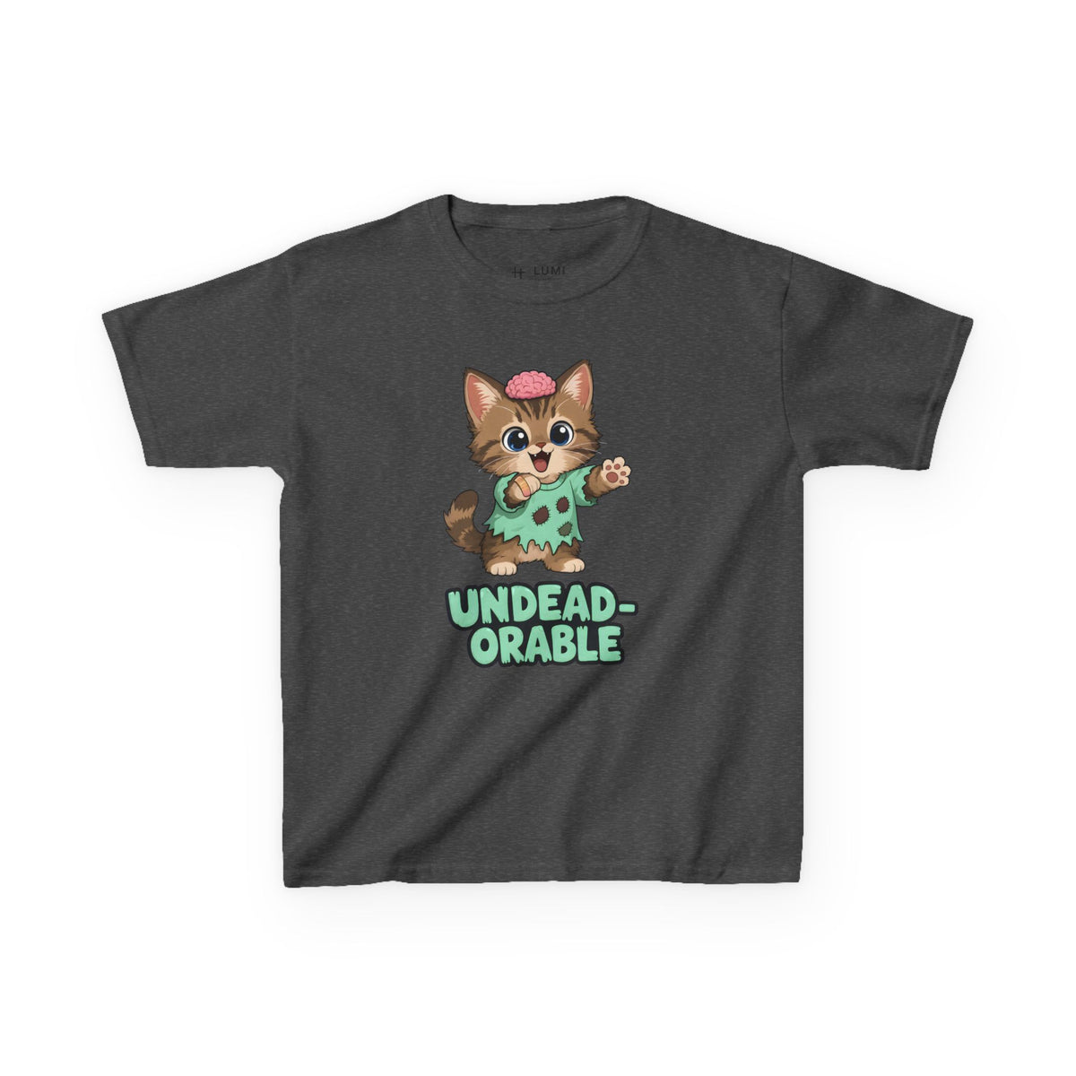 Undead-orable Zombie Kitten Kids Halloween T-Shirt in Dark Heather, front