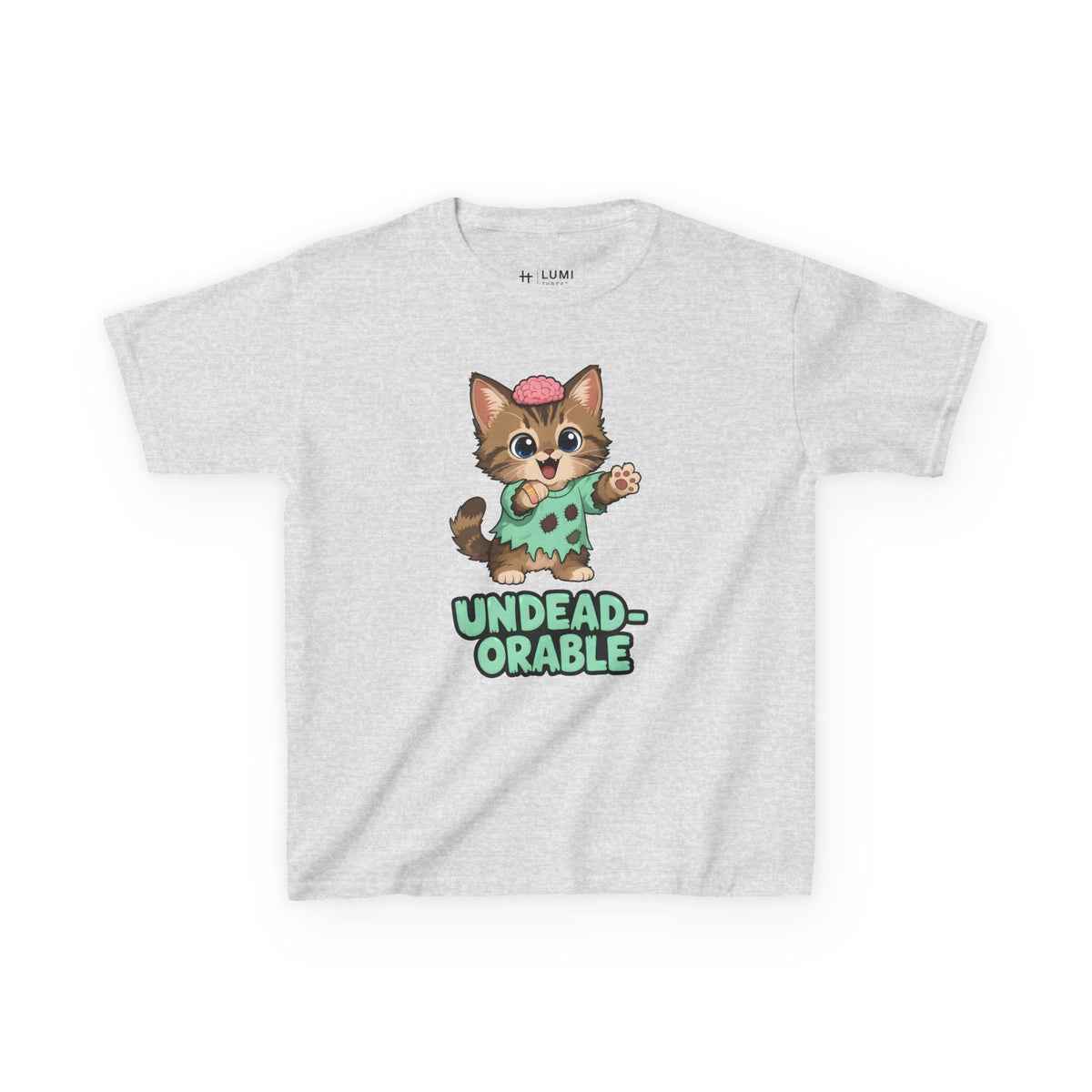 Undead-orable Zombie Kitten Kids Halloween T-Shirt in Ash, front