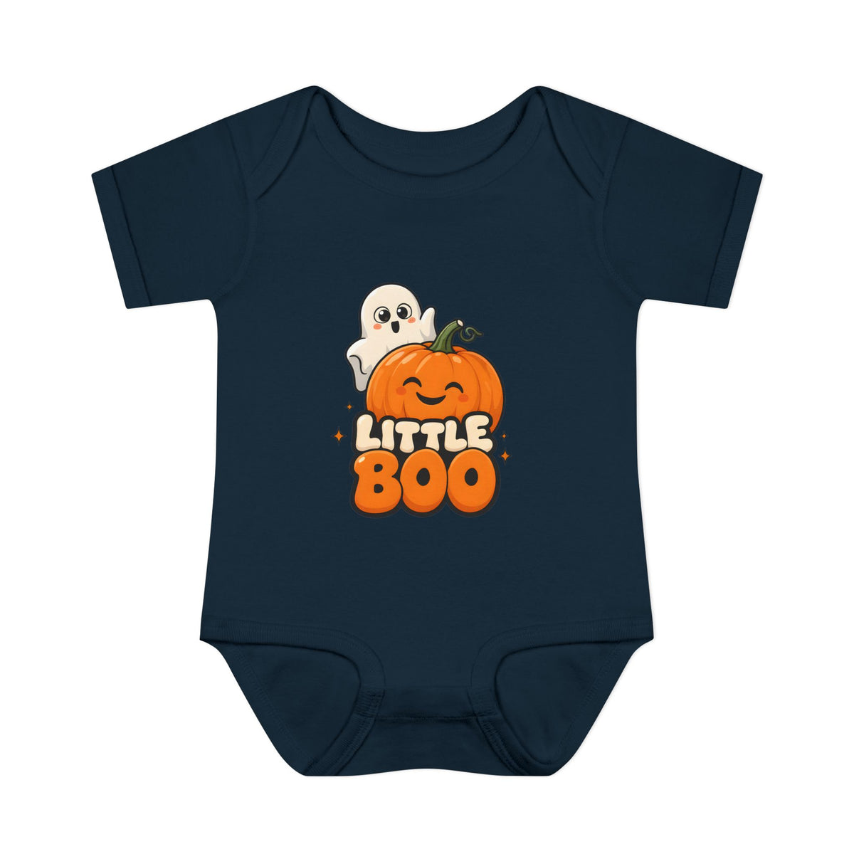 Little Boo Ghost and Pumpkin Baby Halloween Bodysuit in Navy, front