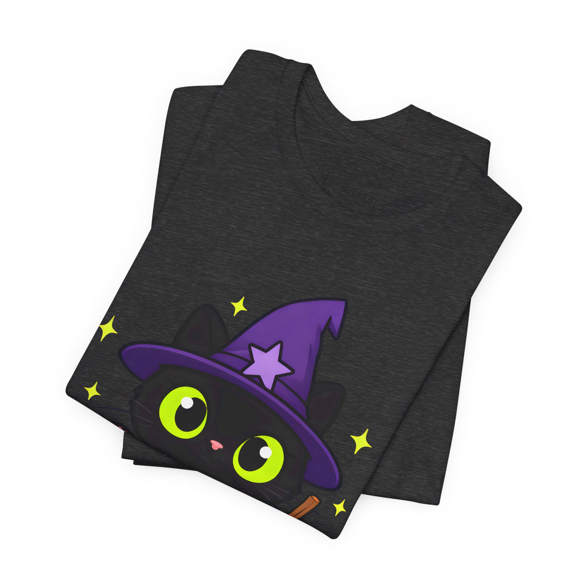 Head Witch Black Cat Halloween T-Shirt for Adults in Dark Grey Heather, folded