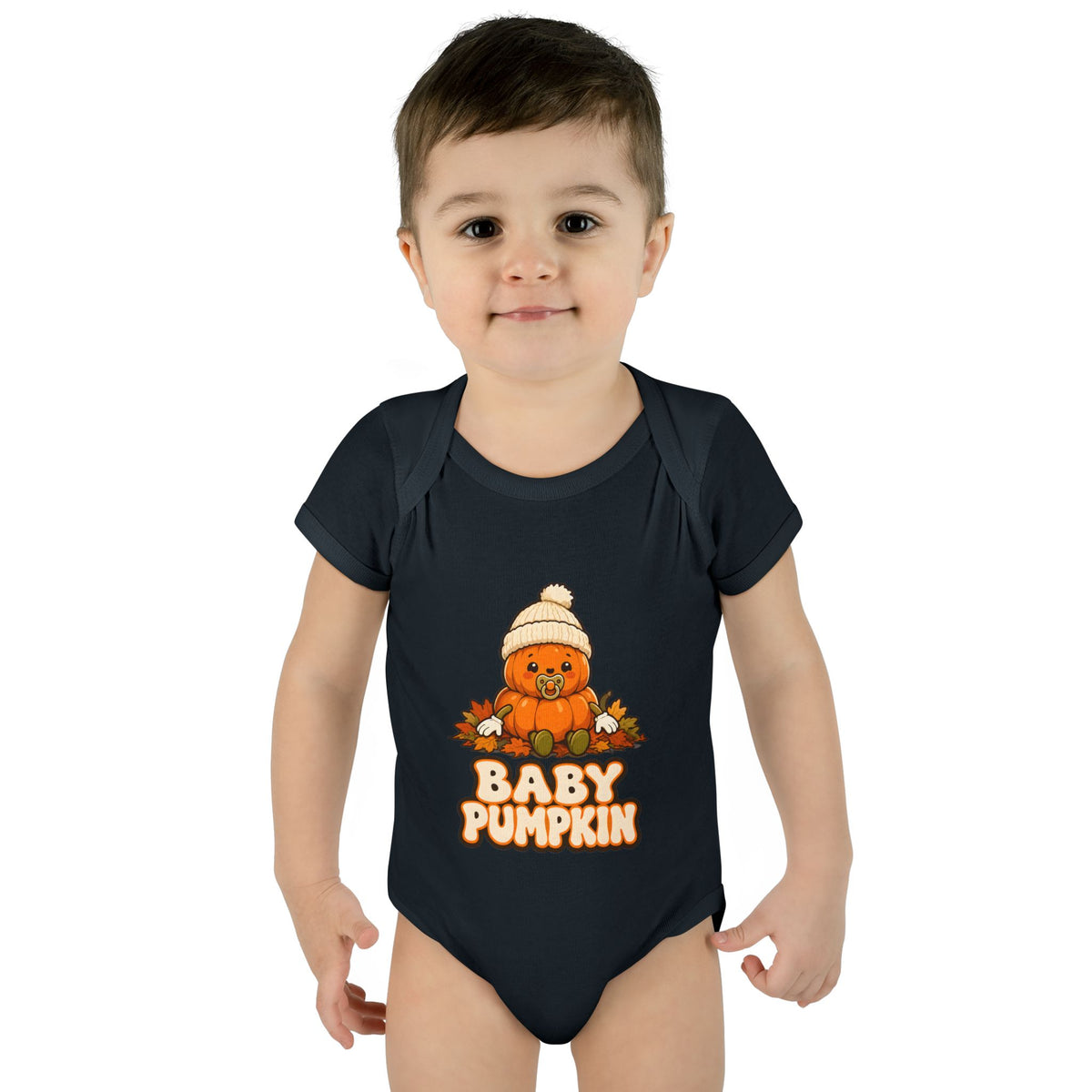 Toddler wearing the Baby Pumpkin First Halloween Baby Bodysuit in Black