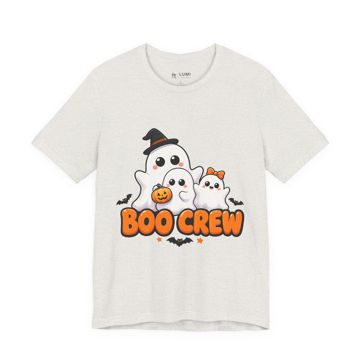 Boo Crew Cute Ghost Halloween T-Shirt for Adults in Heather Cement, front