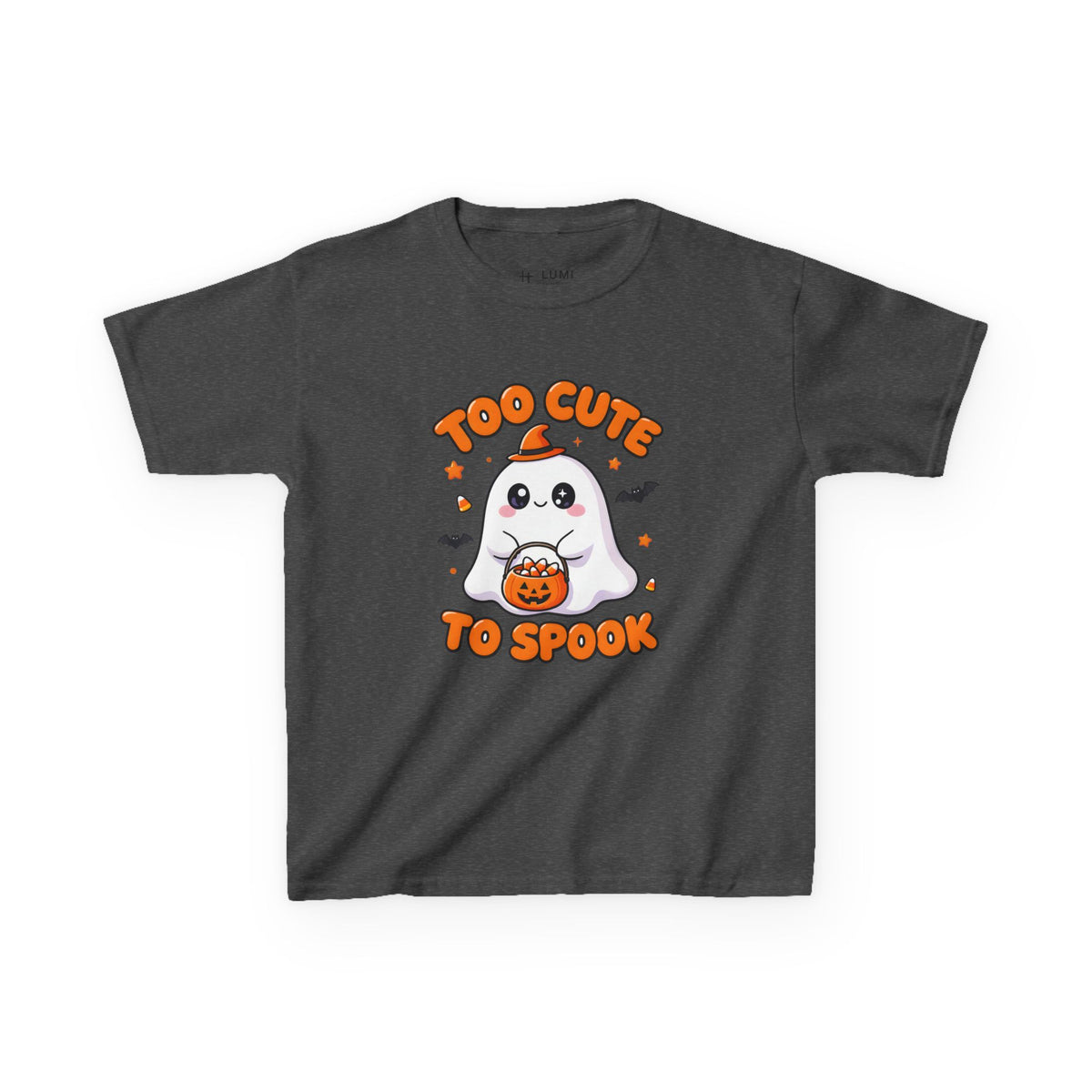 Too Cute to Spook Ghost Kids Halloween T-Shirt in Dark Heather, front