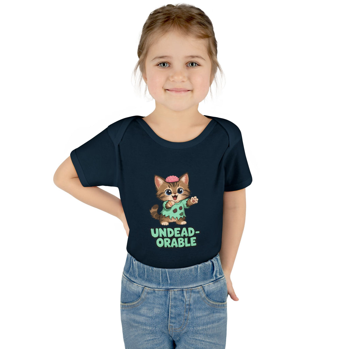 Toddler wearing the Undead-orable Zombie Kitten Baby Halloween Bodysuit in Navy