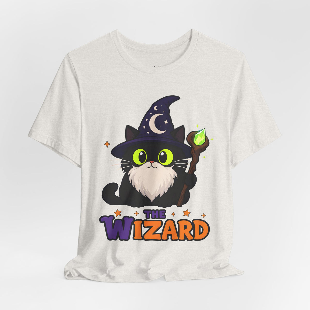 The Wizard Black Cat Halloween T-Shirt for Adults in Heather Cement, front