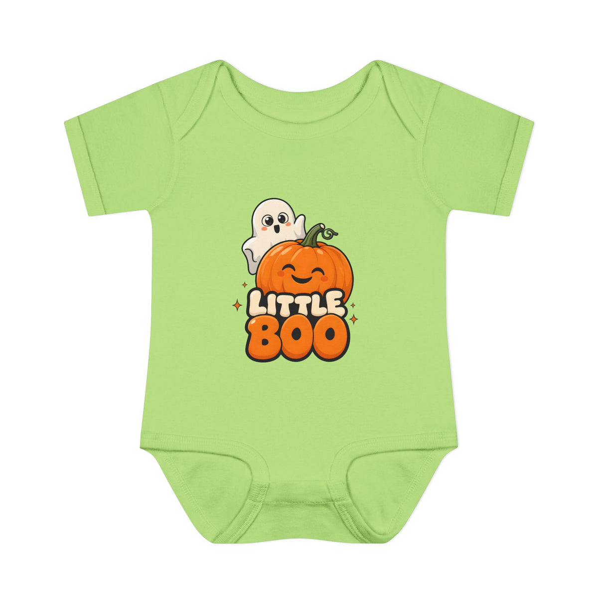 Little Boo Ghost and Pumpkin Baby Halloween Bodysuit in Key Lime, front
